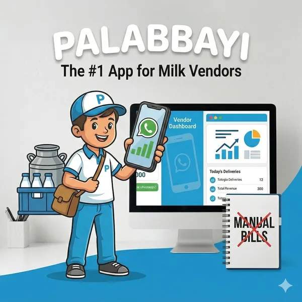 Palabbayi – The #1 App for Milk Vendors. Vendor with phone and dashboard, manual bills crossed out.